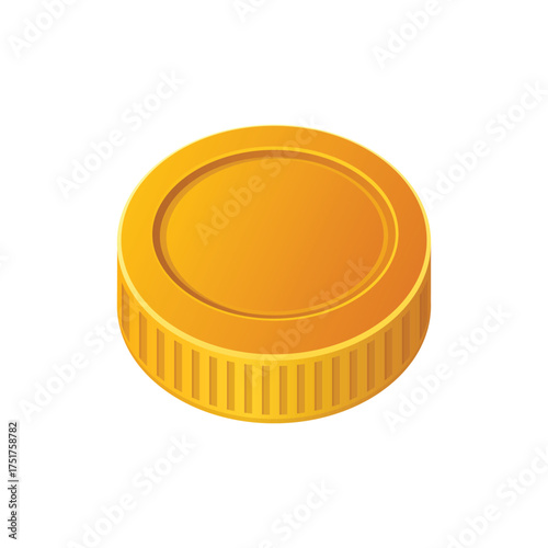A single, glossy gold coin with ridged edges, isolated on a plain white background. Currency.
