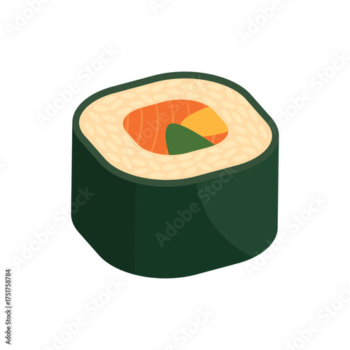 Sushi roll featuring rice, nori, salmon, and other ingredients, a delicious Asian cuisine.