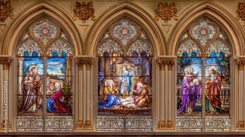 Ornate Stained Glass Windows Depicting Biblical Scenes in an Old Church