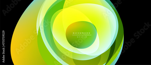 Abstract design features layered, translucent shapes. Vivid green, yellow hues create dynamic visual effect. Modern background element.