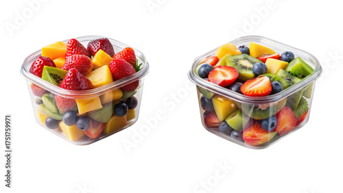 Two containers of fresh fruit salad isolated on transparent background, healthy food