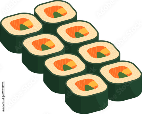 Delicious sushi rolls lined up neatly with vibrant ingredients creating an appealing arrangement.