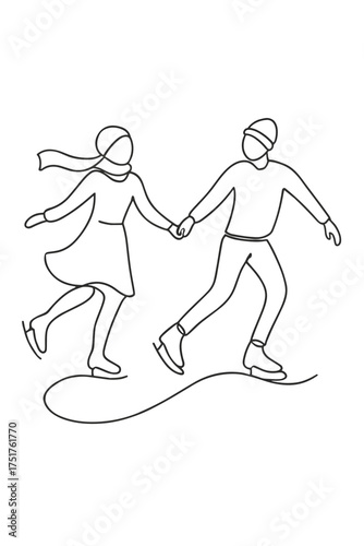 Couple ice skating together in winter during Christmas season  