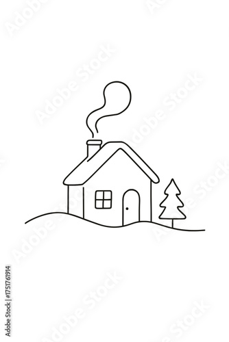 Simple line drawing of a house with chimney and Christmas tree  