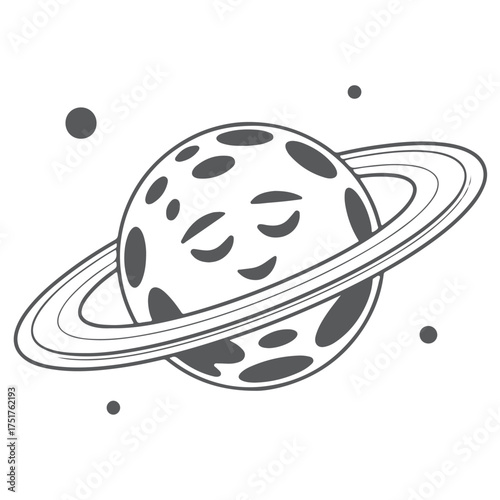 Smiling Cartoon Planet with Rings and Stars Black and White Space Illustration