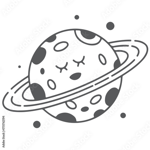 Smiling Cartoon Planet with Rings and Stars Black and White Space Illustration