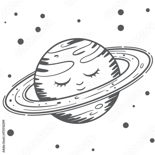 Smiling Cartoon Planet with Rings and Stars Black and White Space Illustration