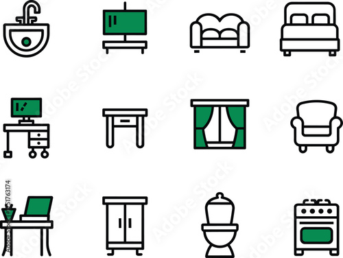 A complete set of household and furniture icons, including kitchen, bathroom, and living room symbols like sofa, toilet, stove, and sink, modern line art vector illustration for real estate design.