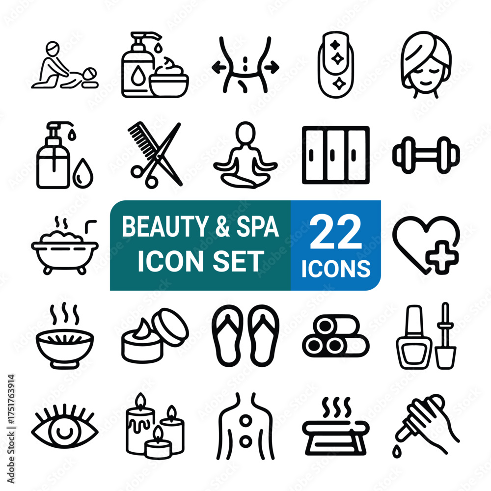 Fototapeta premium Beauty & Spa Line Icon Set – Skin Care, Massage, Cosmetics, Editable Vector
