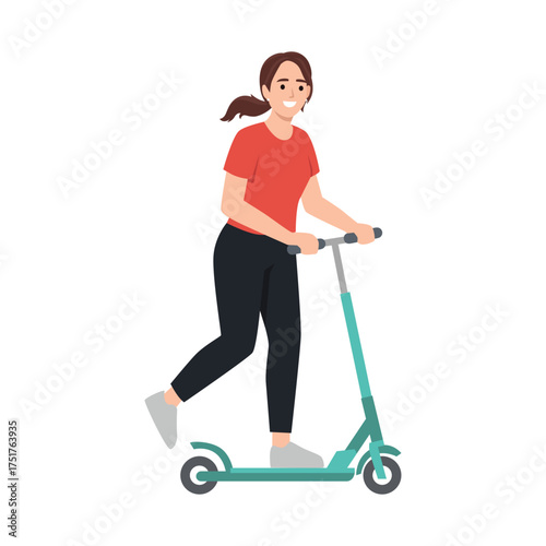 Woman Riding Scooter. Flat vector illustration isolated on white background