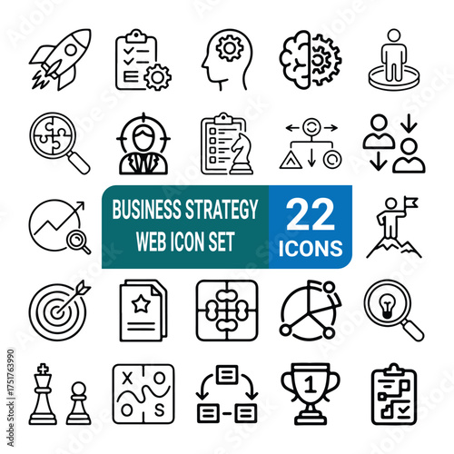 Business Strategy Web Icons Set – Market Analysis, Leadership, Planning, Innovation Line Vector