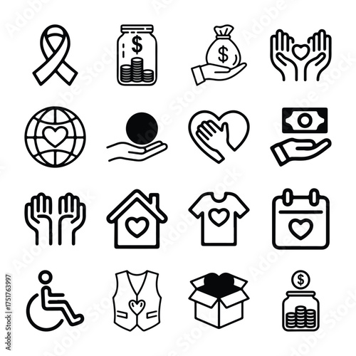 Charity and Donation Icon Set – Volunteering, Helping, Caring and Solidarity Vector