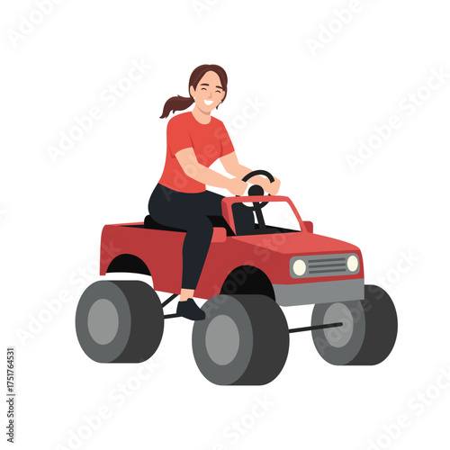 Woman Driving Off Road Mini Truck. Flat vector illustration isolated on white background