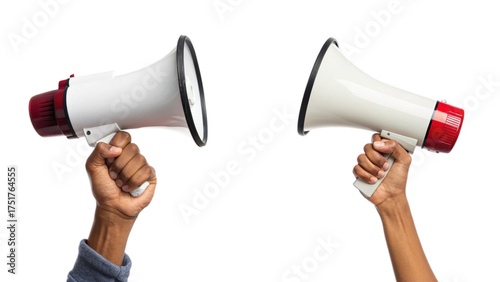 Two hands holding megaphones isolated on transparent background, communication concept