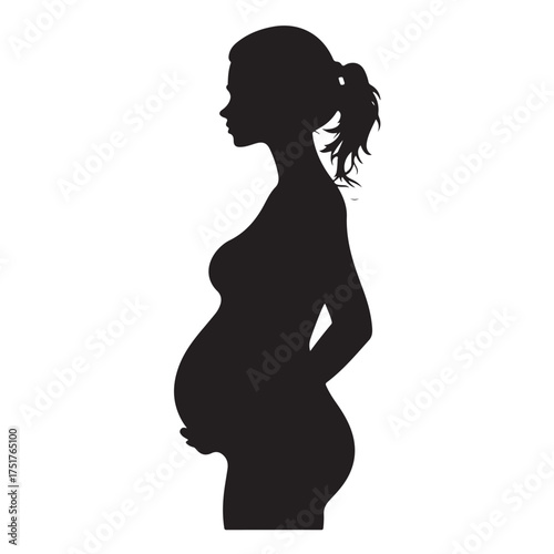 Black silhouette of pregnant woman with straight hair. Vector illustration 