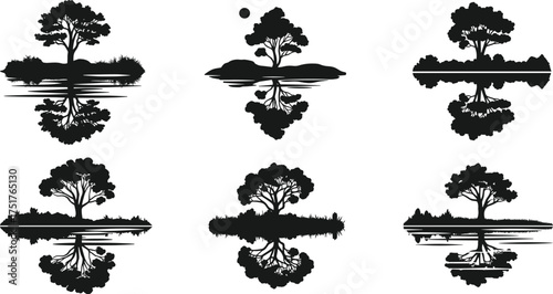 Tree reflection in water silhouette vector illustration, natural landscape design, peaceful lake scenery art, calm environment, black flat composition