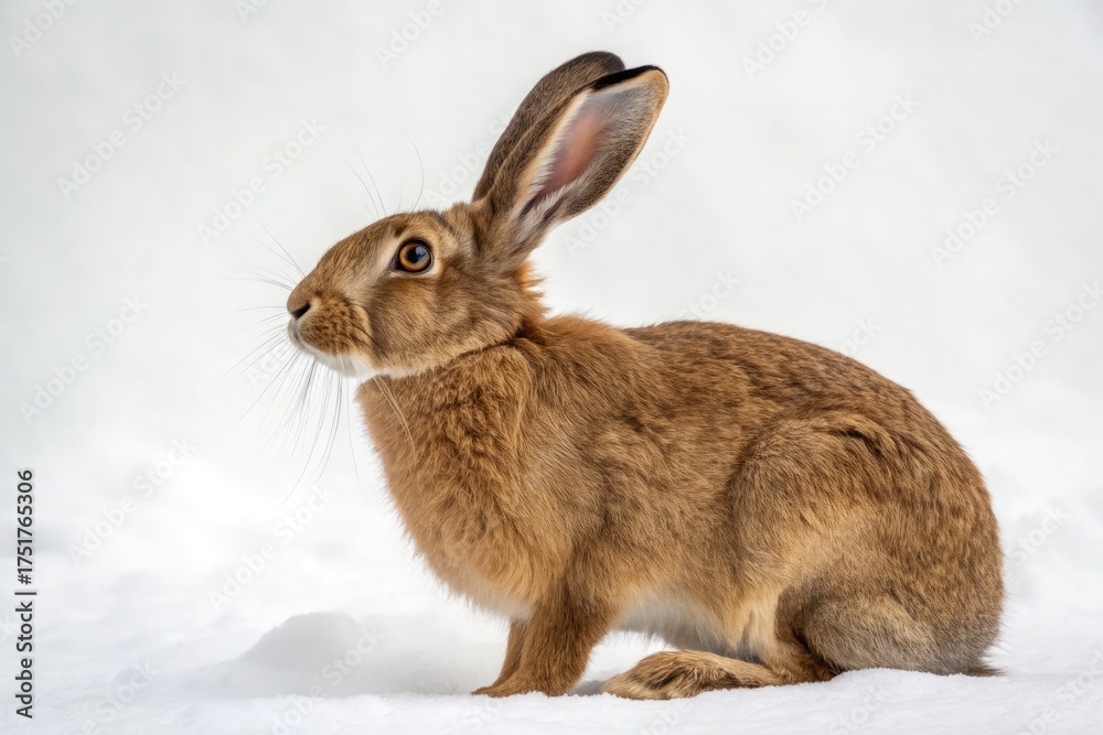 Naklejka premium Brown Rabbit Sitting Quietly on White Snow During a Winter Day