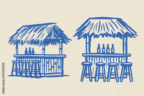 Tiki bar tropical sketch straw roof hand-drawn vector illustration