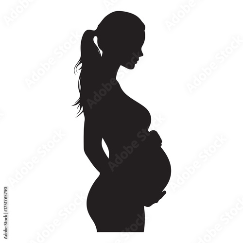Black silhouette of pregnant woman with straight hair. Vector illustration 