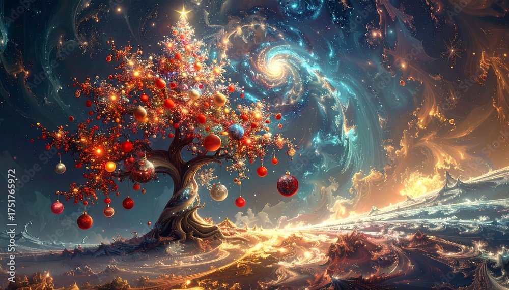 Obraz premium Festive tree adorned with ornaments against a swirling cosmic nebula