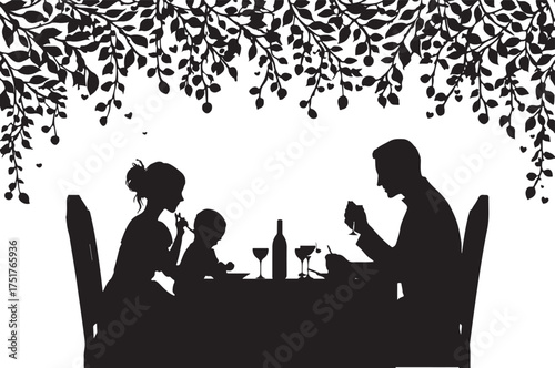 Minimalist family eating dinner together silhouette showing warmth, unity, and love in a simple yet elegant design.