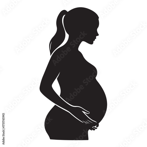 Black silhouette of pregnant woman with straight hair. Vector illustration 