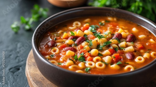 Hearty minestrone soup with fresh vegetables and pasta in rustic bowl