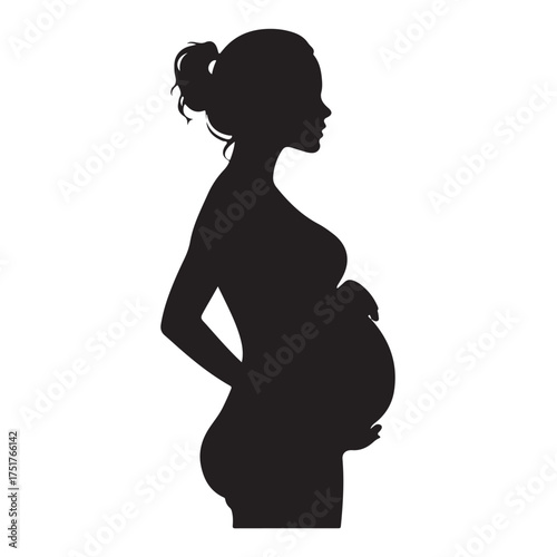 Black silhouette of pregnant woman with straight hair. Vector illustration 