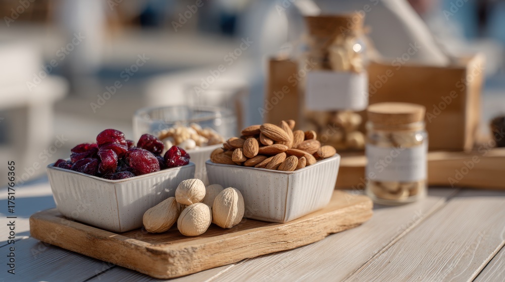 Fototapeta premium Variety of nuts and dried fruits in rustic setting