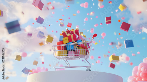 A metal trolley with gift boxes sits on a white podium against a blue sky and floating gifts, creating a bright holiday concept