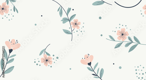 A delicate pattern of soft pink blossoms and muted green leaves against a cream background.