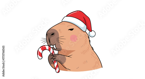 A cute capybara wearing a santa hat enjoying a candy cane.