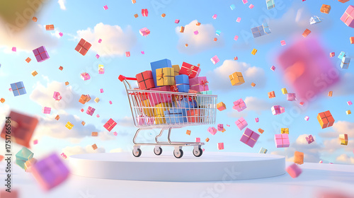 A metal cart with gift boxes stands on a white podium against a backdrop of falling gifts and a blue sky — a festive online shopping concept