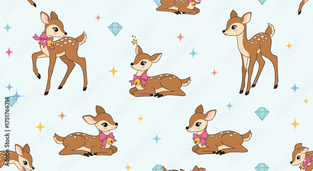 Obraz premium Whimsical fawn pattern with sparkling gems and bows.