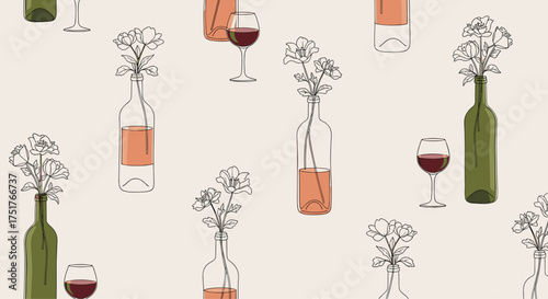 A repeating pattern of stylized wine bottles glasses and flowers.