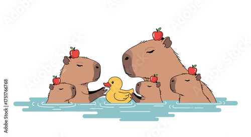 A family of capybaras with apples on their heads enjoys a bath with a rubber duck.