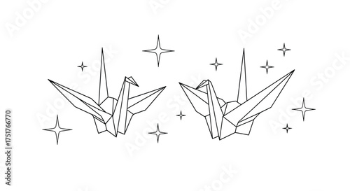Two origami paper cranes with decorative sparkles in a sketch style.