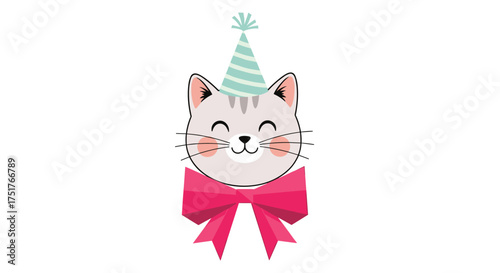 A happy cat celebrates a birthday with a party hat and a bow.