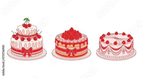 Delicious tiered cakes adorned with fresh red cherries and frosting details.