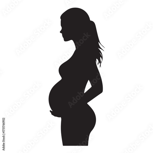 Black silhouette of pregnant woman with straight hair. Vector illustration 