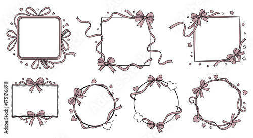 Collection of decorative frames with bows and ribbons for crafting invitations and cards.