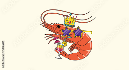 A regal shrimp wearing sunglasses and a crown raises a glass of wine.