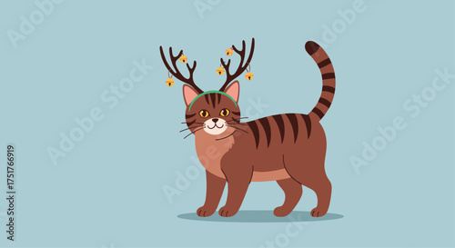 A cute brown tabby cat wearing reindeer antlers with bells on its head.