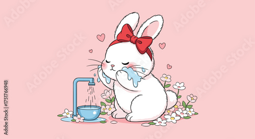 A cute fluffy bunny with a red bow is drinking water from a small blue bowl.