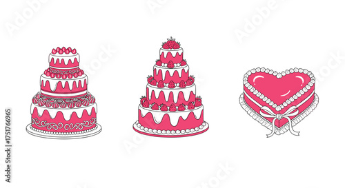 Elegant tiered cakes and a sweet heart cake in pink.