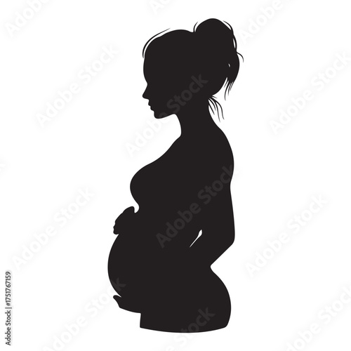 Black silhouette of pregnant woman with straight hair. Vector illustration 