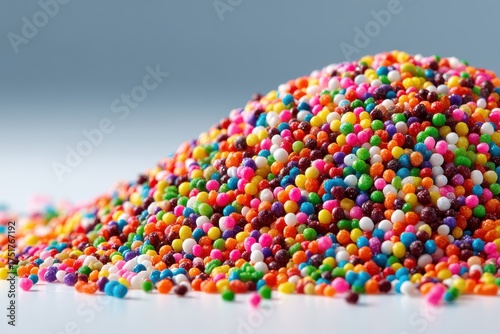 A pile of vibrant multicolored sprinkles on a white surface