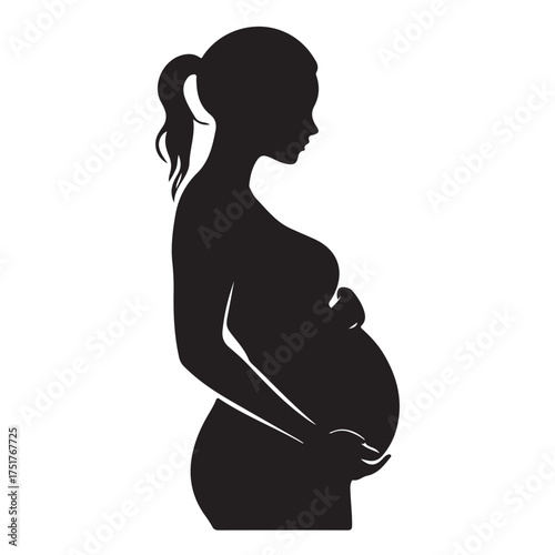 Black silhouette of pregnant woman with straight hair. Vector illustration 