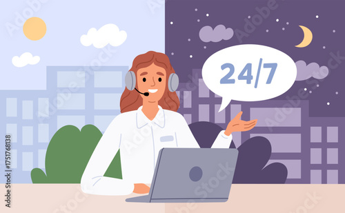Round clock online consultations. Female operator is in touch with customers, support service worker, woman talks on headset, call center help hotline cartoon isolated garish vector concept