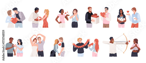 Romantic people with hearts. Funny couples in love, men and women, valentine day, gift exchange, volunteering and charity, gift box and letter envelope tidy vector cartoon isolated set